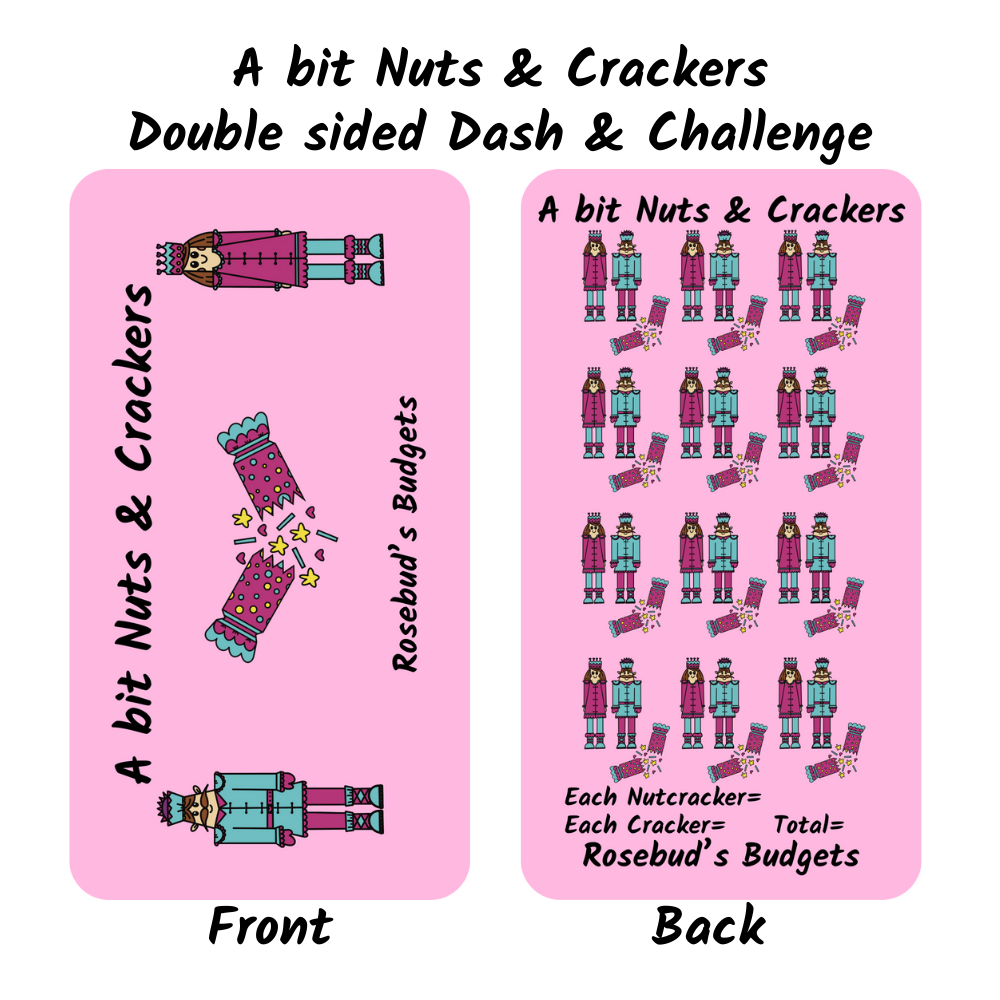 Double-sided card with illustrations and text on a pink background